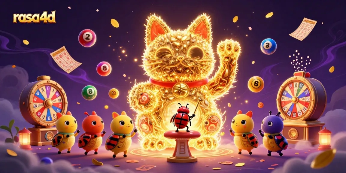 Win big with rasa4d as colorful lottery balls and a lucky cat capture the gambling excitement!