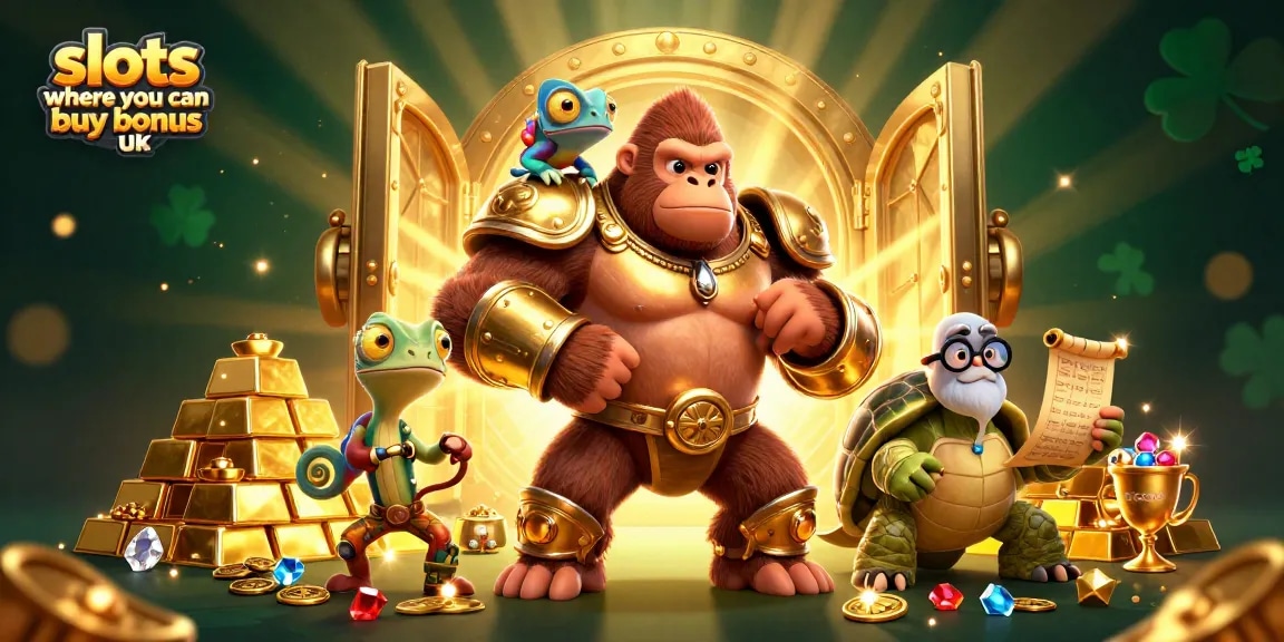 Engage with slots where you can buy bonus uk in this vibrant 3D illustration featuring dynamic characters and casino elements.