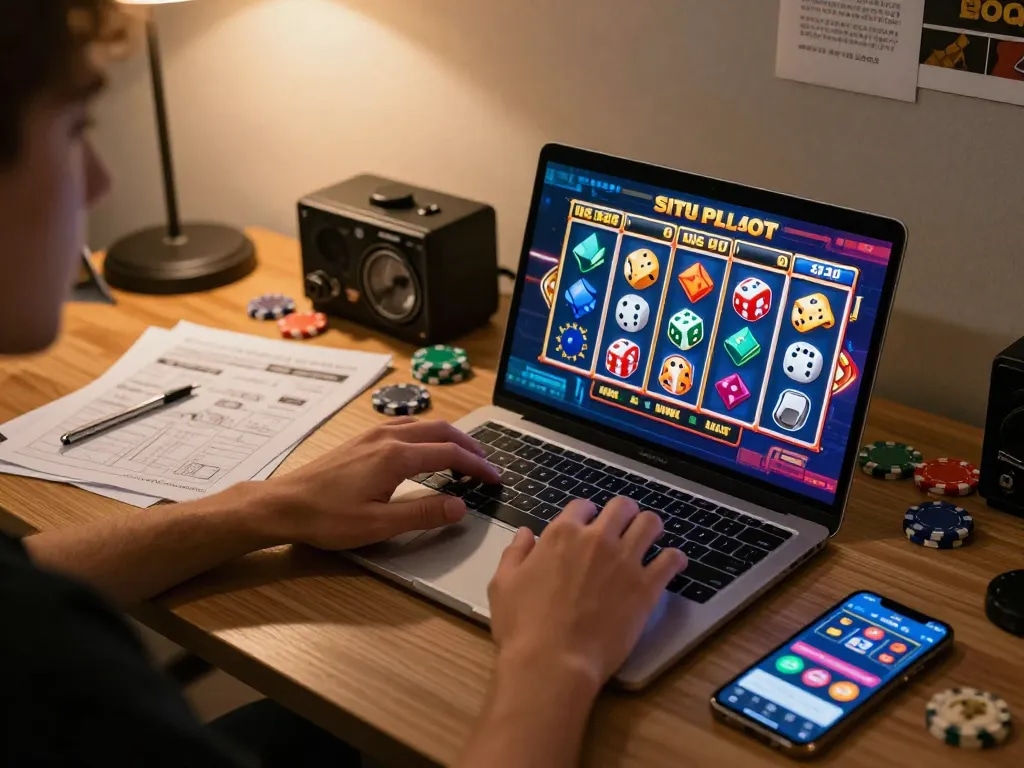 Play exciting situs slot games on a laptop, showcasing vibrant reels and strategic notes.