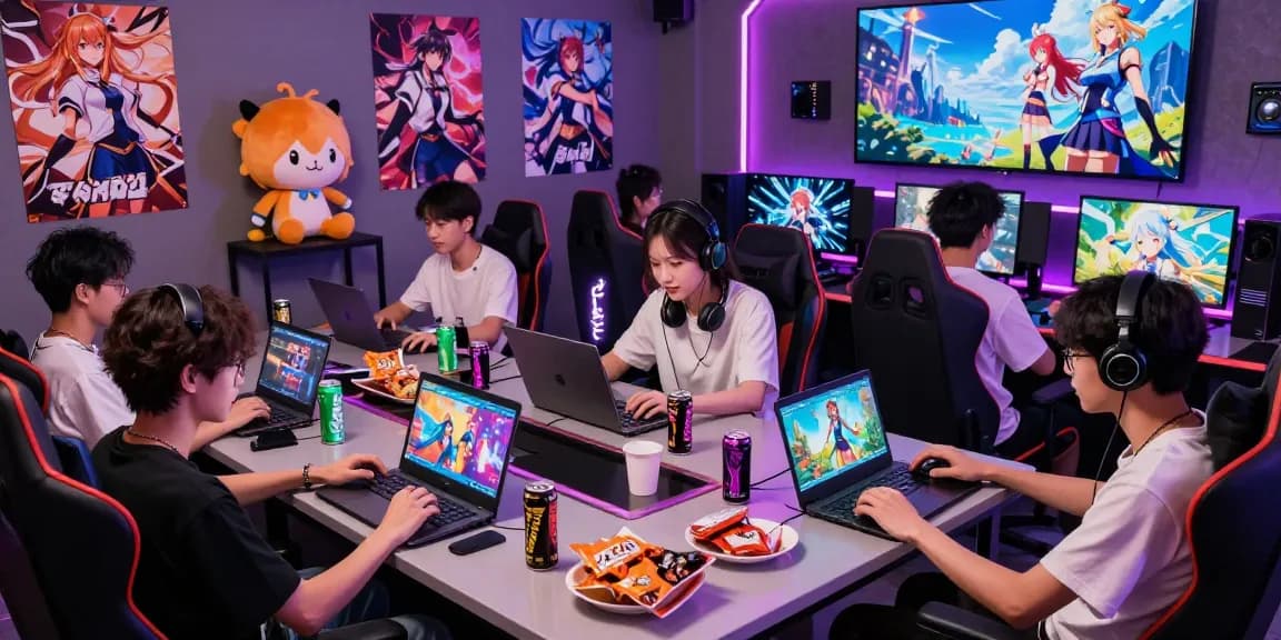 Group enjoying various hentai games in a vibrant gaming lounge with neon lighting.