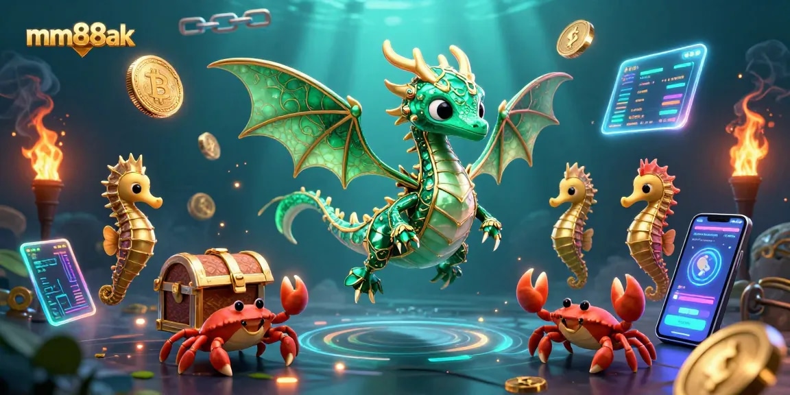 Experience thrilling casino action with mm88ak's vibrant sea dragon illustration featuring crypto elements.
