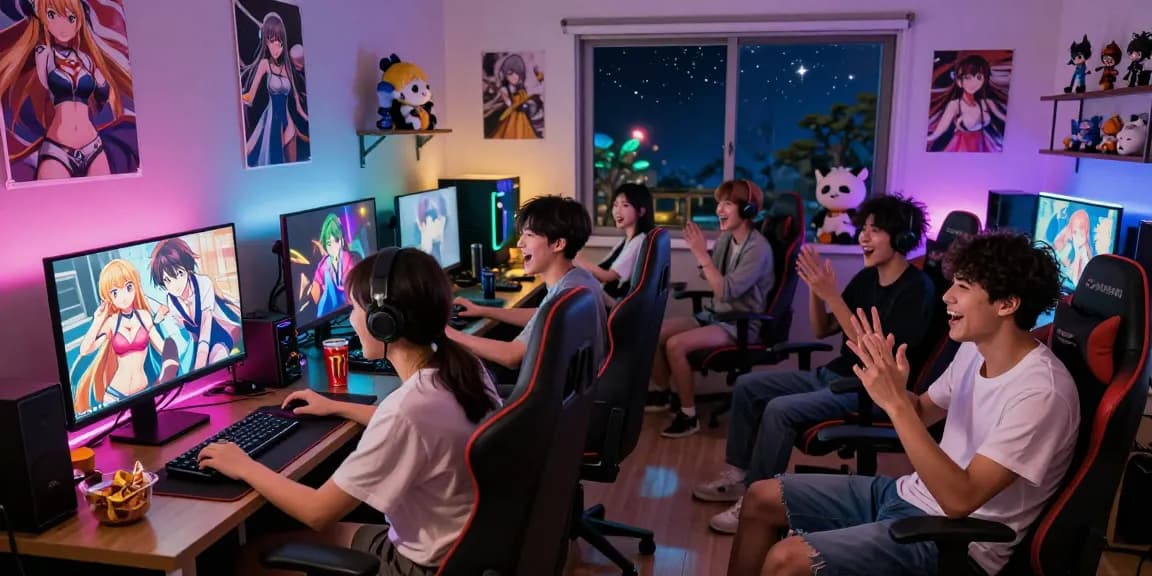 Friends enjoying a lively hentai game session with anime decor and snacks in a vibrant gaming room