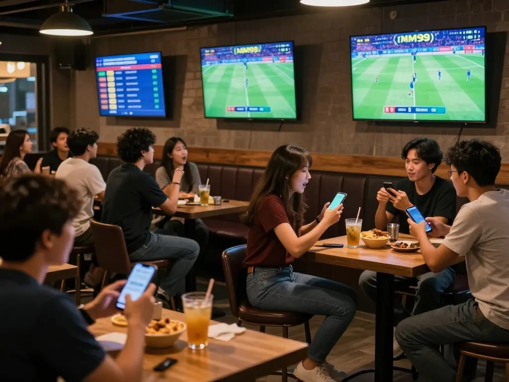 Live sports betting at Thể Thao MM99 with spectators cheering and placing bets.