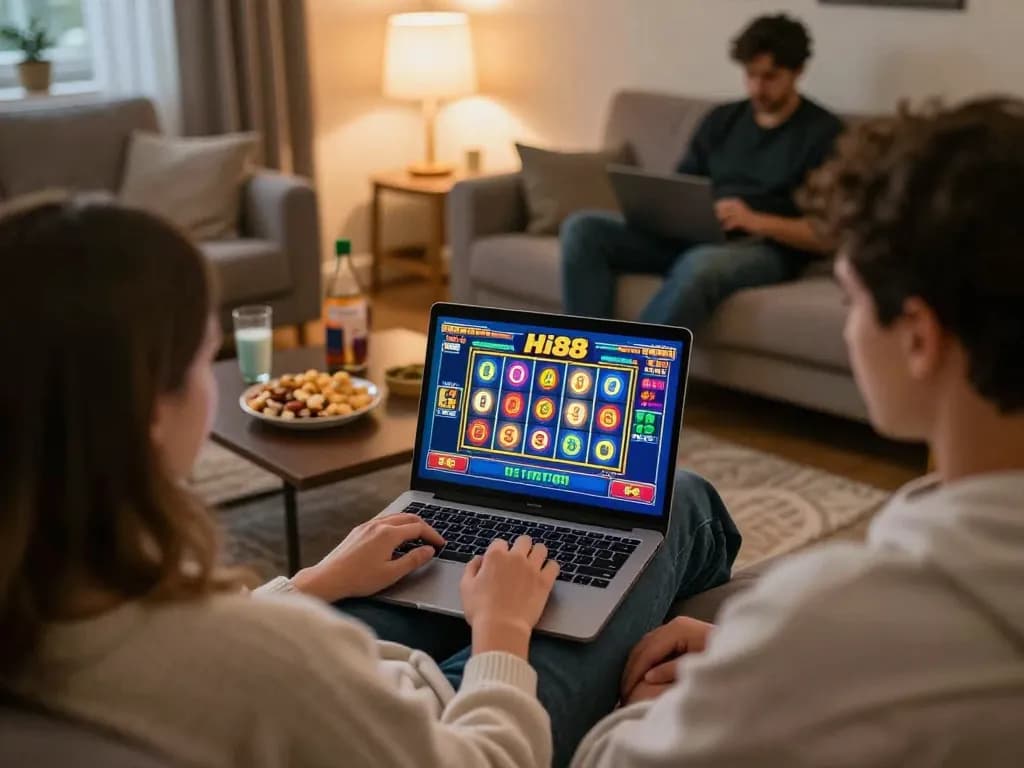 Hi88 players enjoying an online slots game on their laptop in a cozy home environment