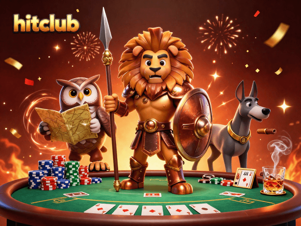 Engage with hitclub’s strategic poker action featuring a lion, owl, and greyhound in a 3D illustration.