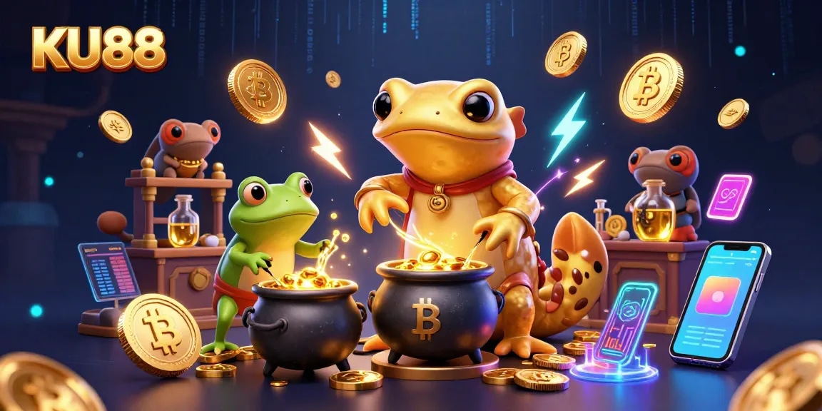 Experience thrilling gaming at KU88 with a vibrant illustration showcasing a dynamic casino scene filled with gold coins and crypto elements.