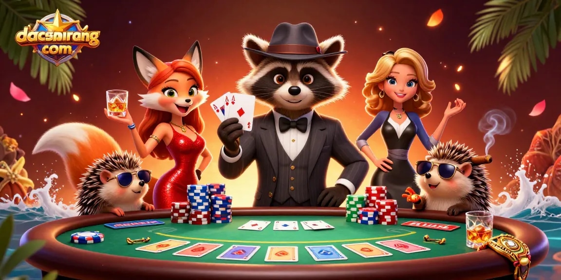 Engage in thrilling poker action with dacsandatphanrang com featuring suave characters and vibrant chips.