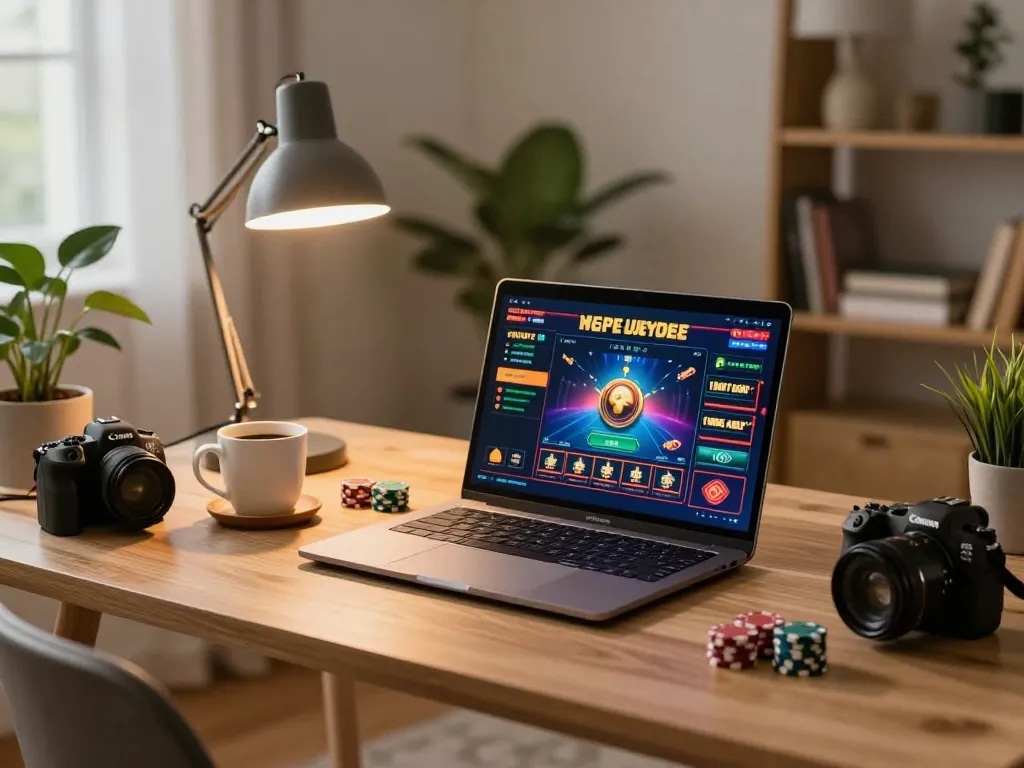king33 player enjoying online casino gaming at home with laptop and coffee.