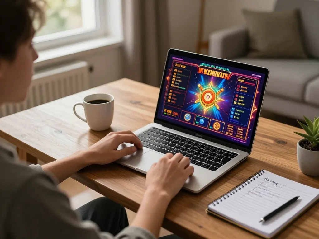 Engaging in situs gacor online slots at home, showcasing vibrant game visuals and cozy atmosphere.