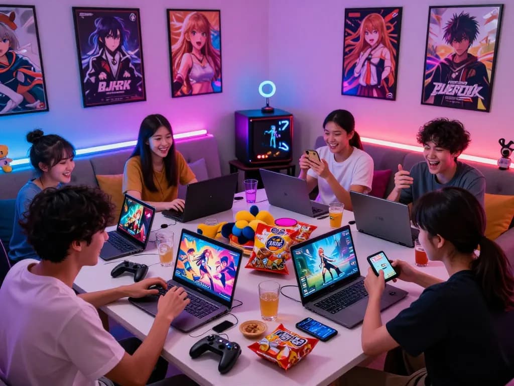 Friends enjoying porngames together in a colorful gaming room filled with devices and snacks.