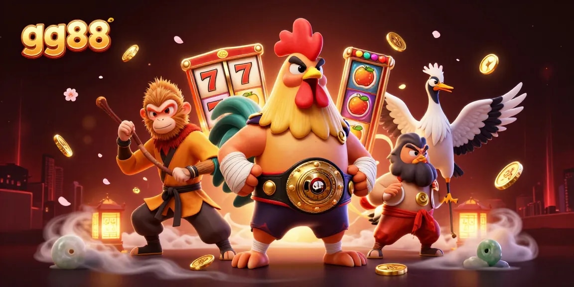 Experience thrilling jackpots with gg88 as a Muay Thai rooster, Shaolin monkey, and crane master engage in a vibrant casino scene.
