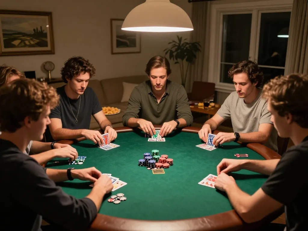Players strategizing during a home poker game at KK55, showcasing intense gameplay.
