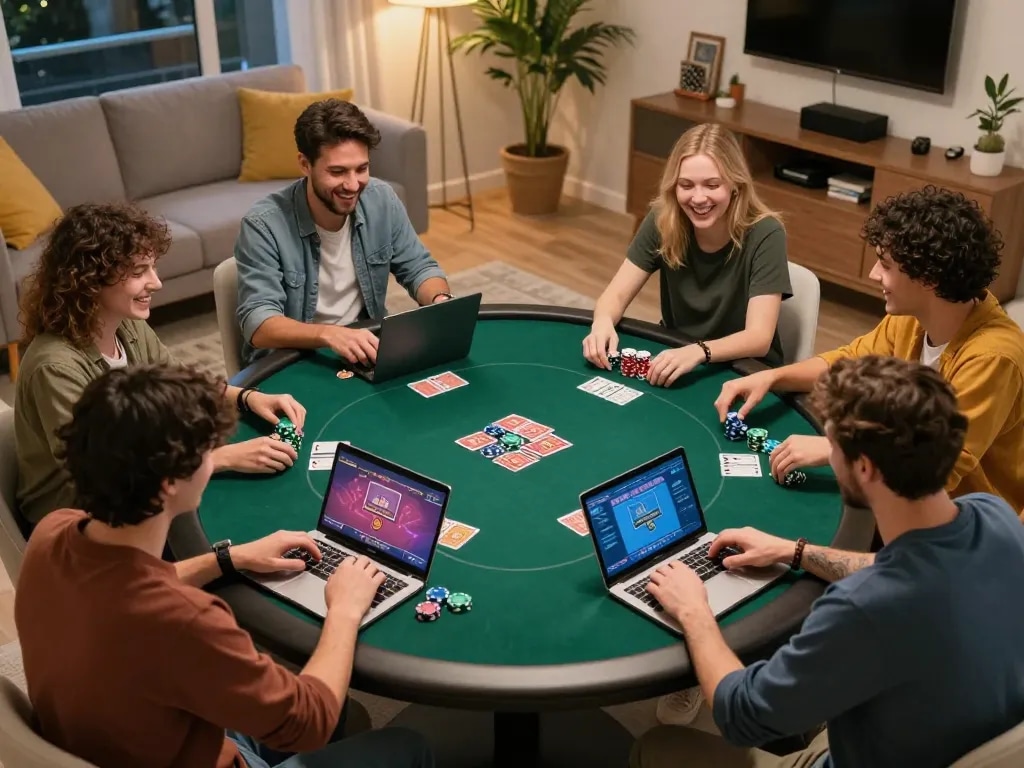 Players engage in an online poker game at home, showcasing camaraderie and strategy in a cozy setting with m112 action.