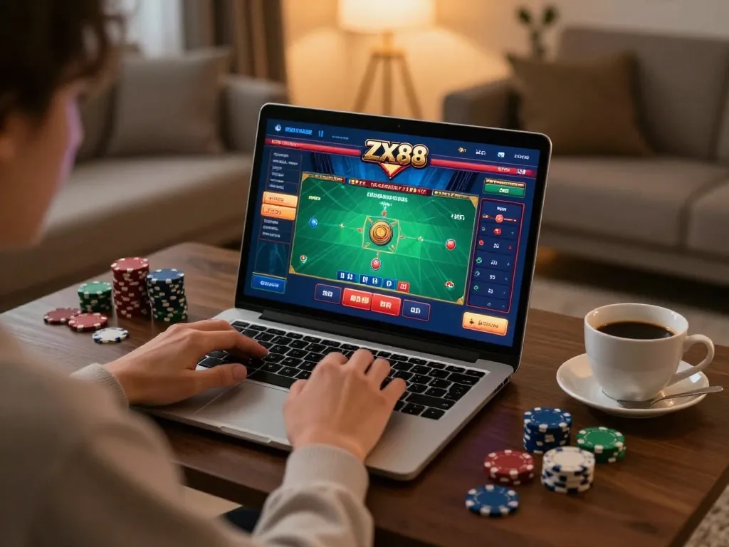 Engaged player enjoying zx88 online casino game, showcasing strategy in a cozy home setup.