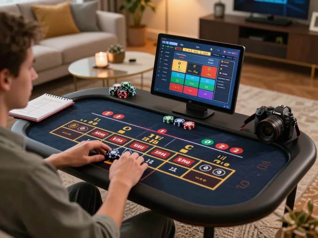 Engaging player using okfun app for live roulette in a stylish home setting, showcasing strategic betting.