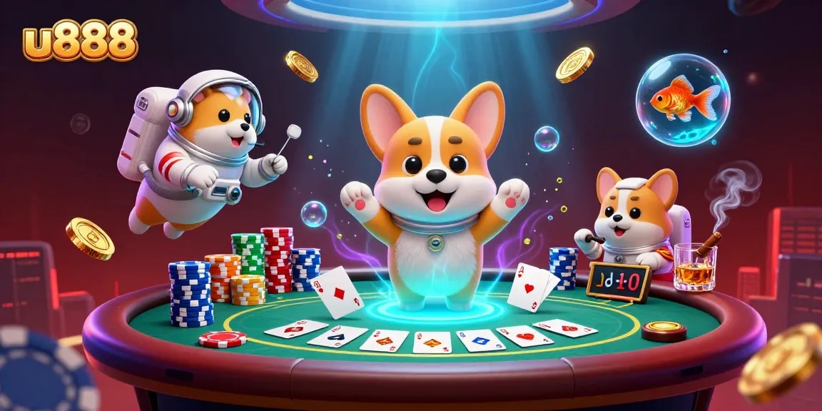 Win big with u888 in a vibrant space casino full of floating poker chips and playful characters.