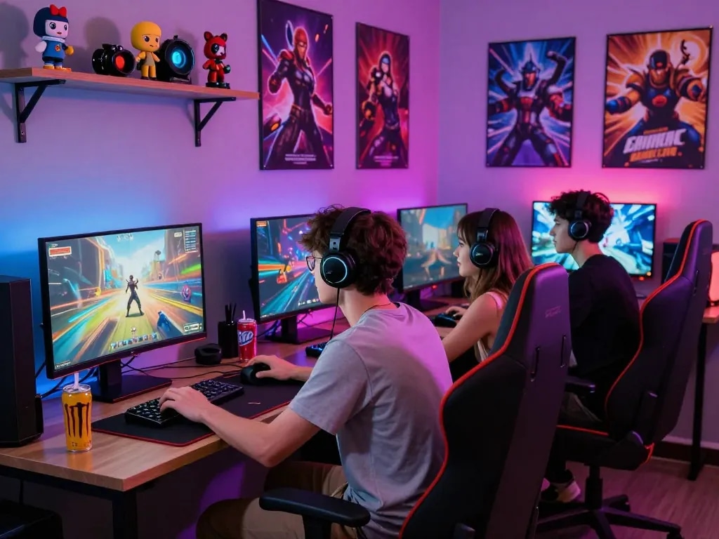 Engaging gaming scene with players immersed in free adult games and colorful gaming accessories.