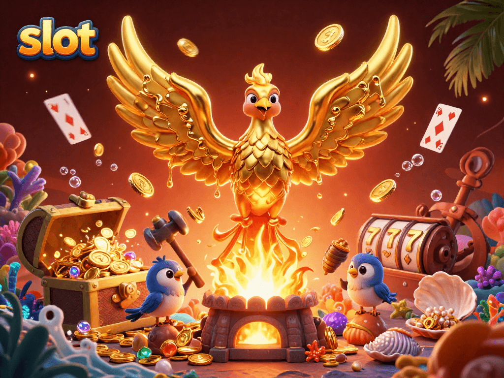 Spin the slot reels with a golden phoenix amidst a treasure chest bursting with riches.