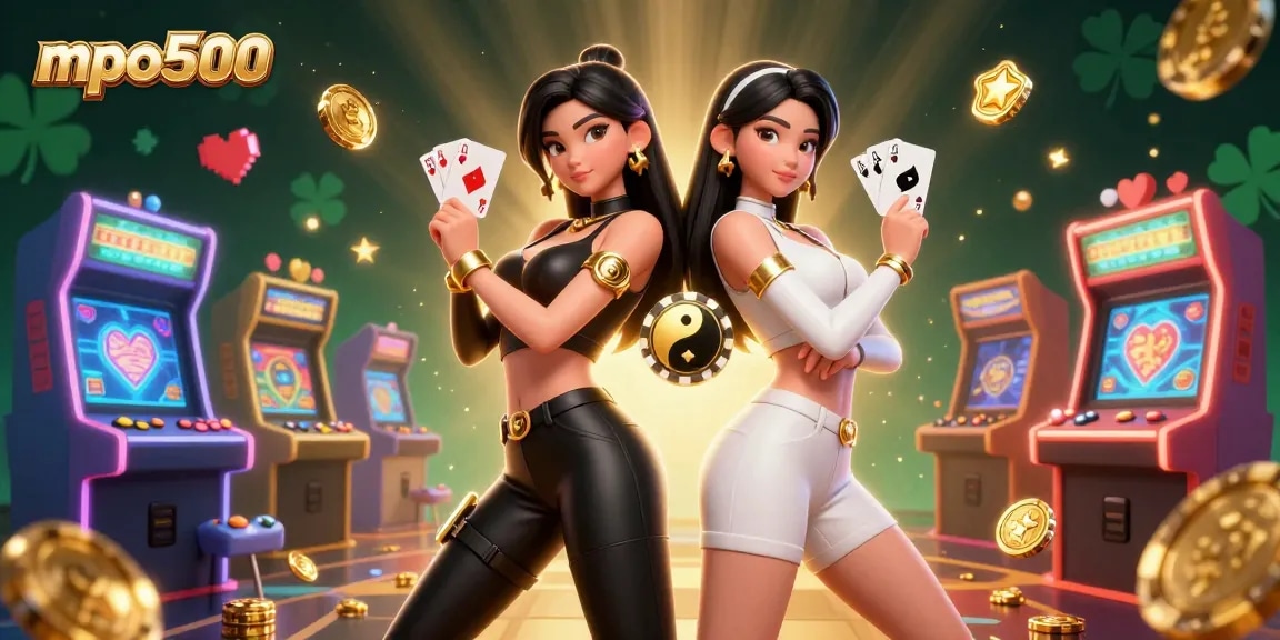 Experience mpo500 excitement with stunning twins showcasing cards in a dynamic casino scene.