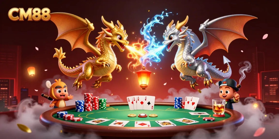 Experience thrilling poker action at CM88 with intertwined dragon duo and vibrant casino elements.