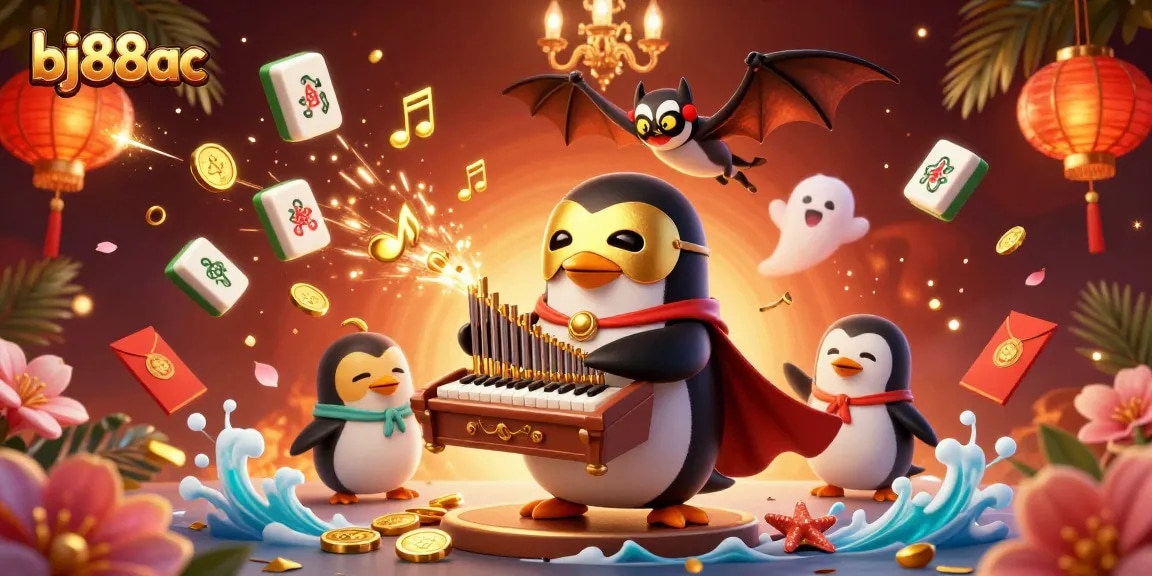 Win big with bj88ac's vibrant casino atmosphere, featuring golden musical notes and coin-filled adventures.