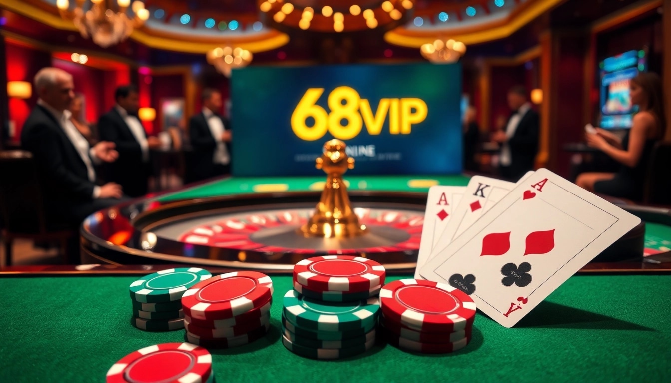 Engaging gambling scene featuring 68VIP branding with poker chips and a roulette table.