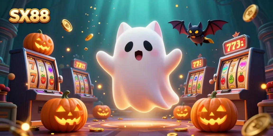 SX88 casino environment showcasing a friendly ghost cat, vampire bat, and glowing jack-o-lanterns amidst exciting slot game elements.