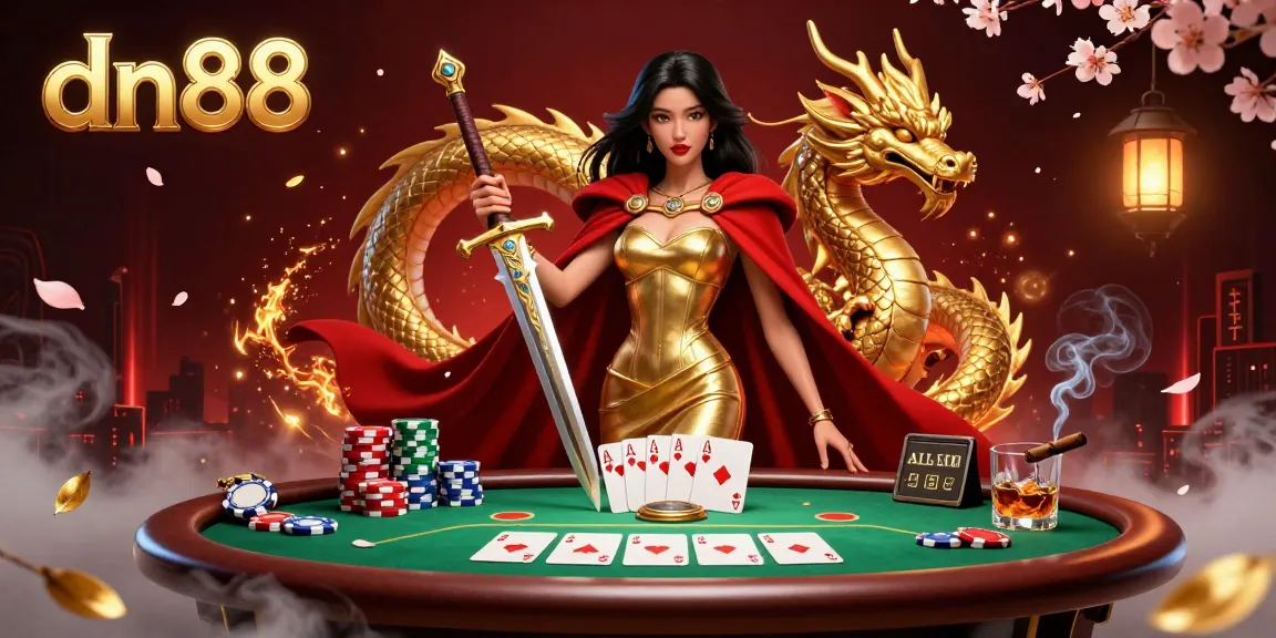 Win big with dn88 at the vibrant casino scene showcasing poker tables and golden treasures.