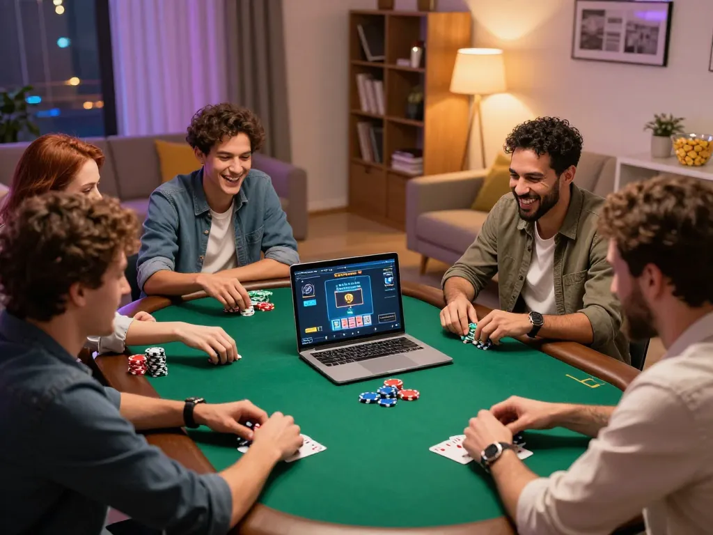 Engaged players enjoying an online poker game on 789win in a cozy home setup.