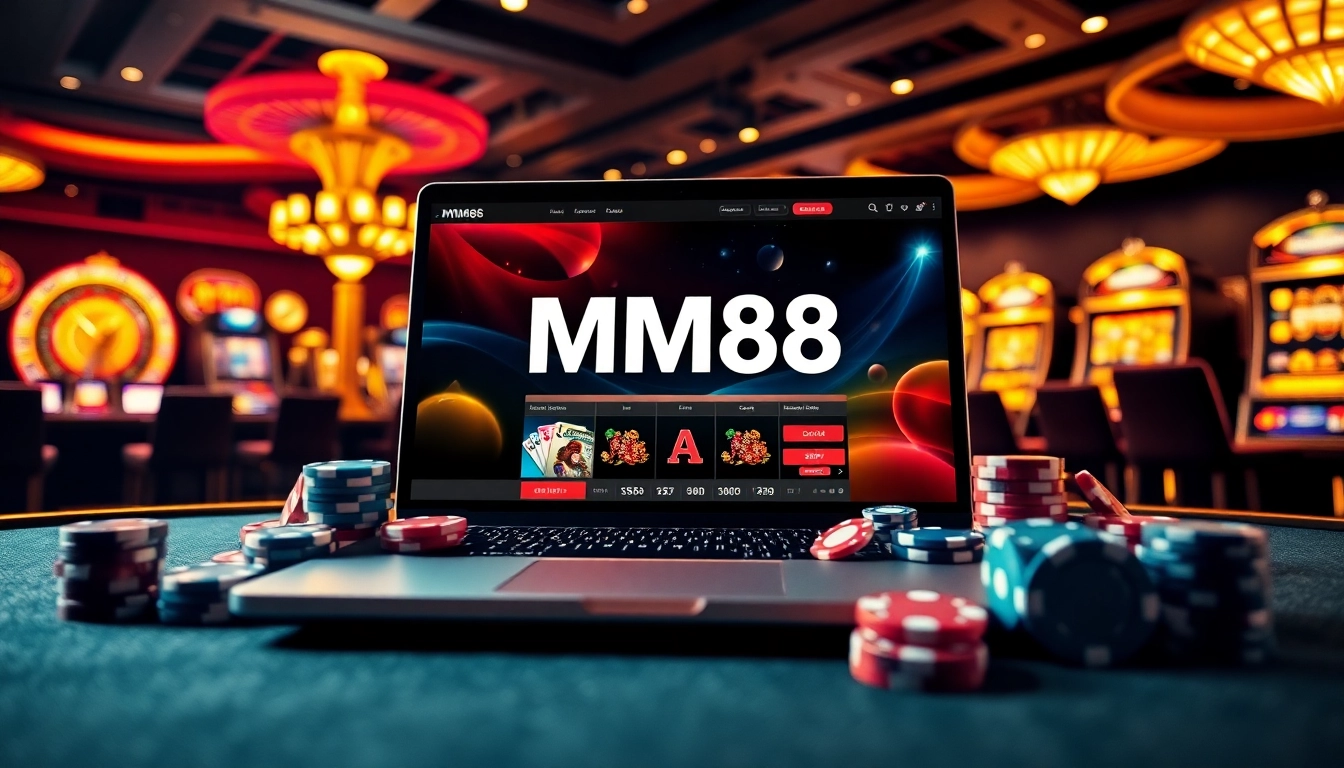 MM88 players engaging with online slots and poker chips in a luxurious casino setting.