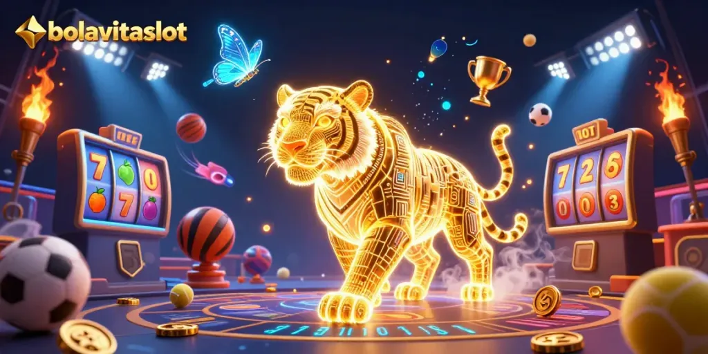 Experience bolavitaslot with a vibrant digital casino scene featuring a neon tiger and slot elements.