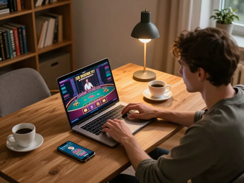 Player engaging in online gaming at home, focusing on link fly88 casino strategies.