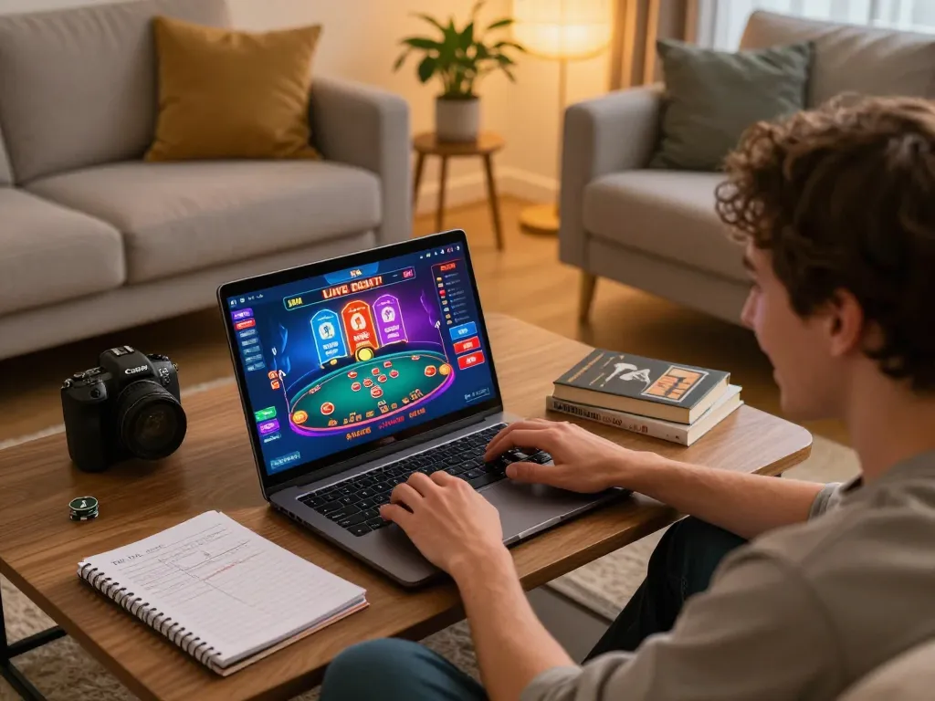 Player engaging with hm88 online casino gameplay on a laptop in a cozy home setting