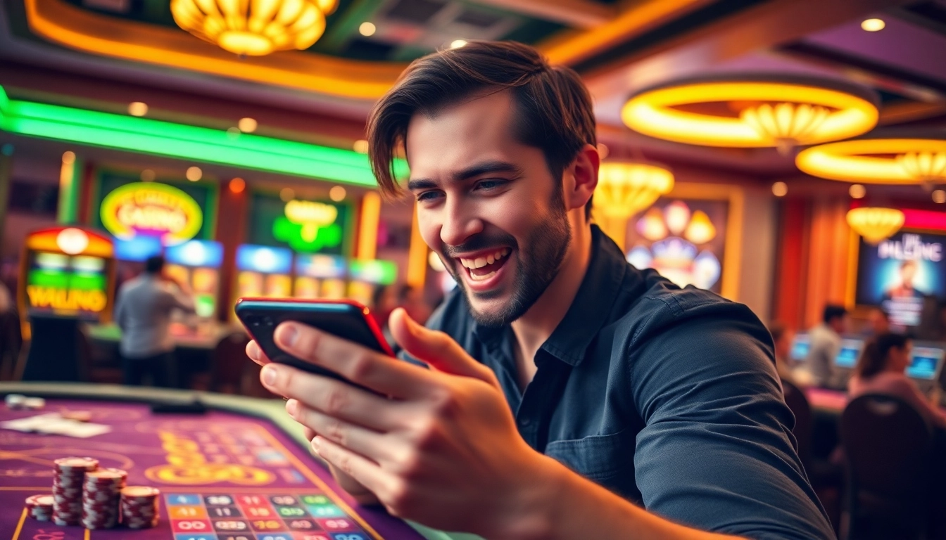 Engaging player enjoying a singapore online casino app, surrounded by vibrant casino atmosphere.