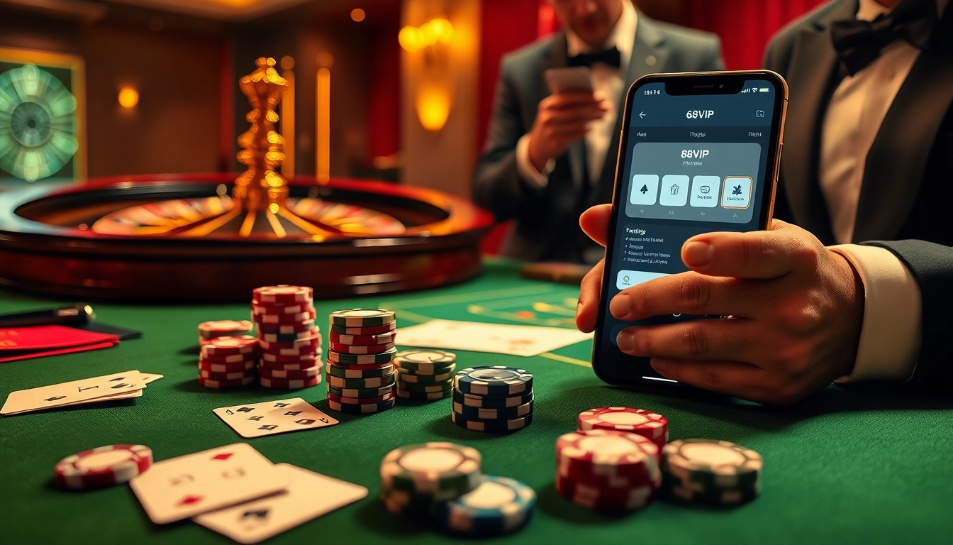 Experience the thrill of 68VIP with a luxurious casino scene featuring cards, poker chips, and a roulette wheel.