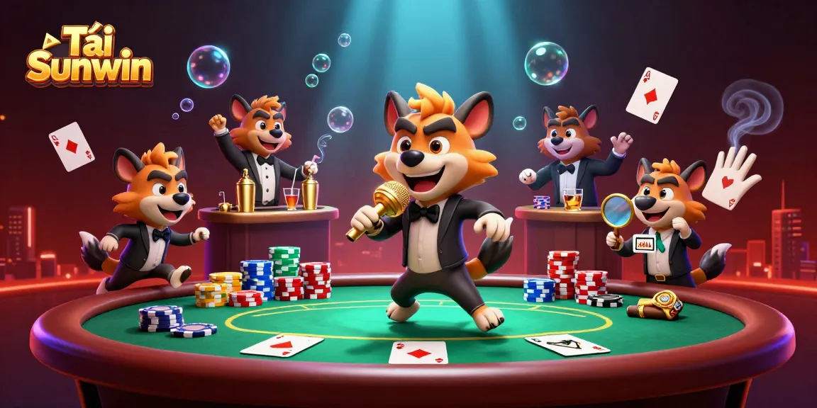 Tải Sunwin presents a vibrant scene of hyenas in a lively casino, illustrating playful gaming atmosphere with poker elements.