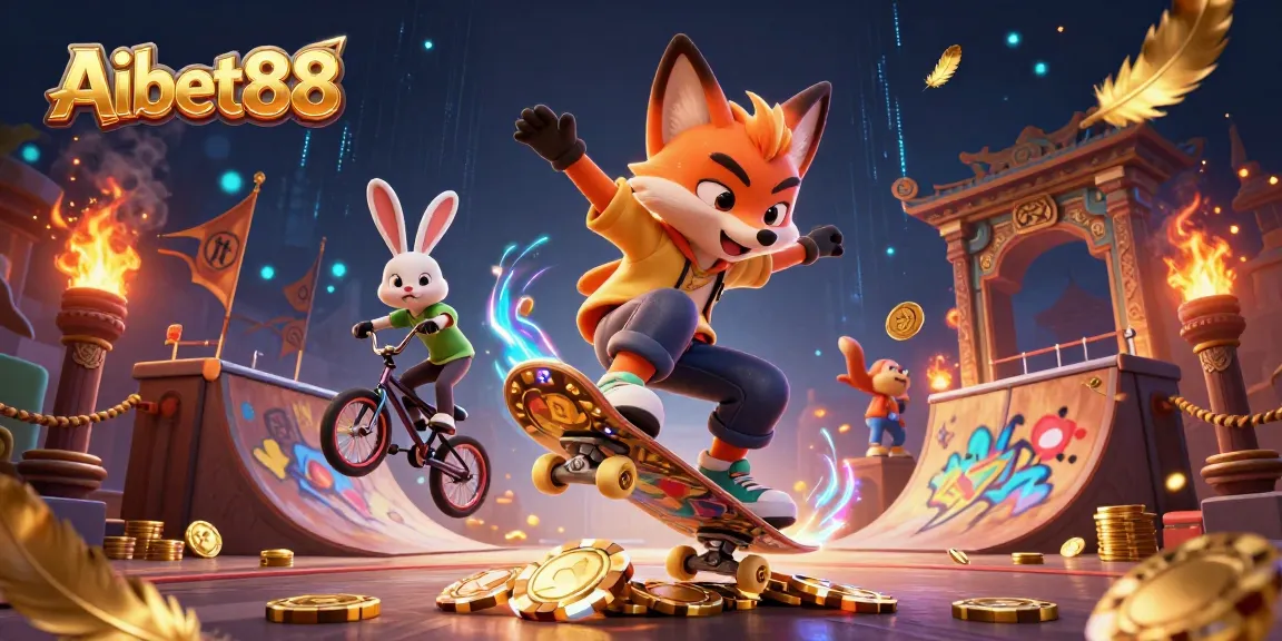 Aibet88 captures thrilling action with a skateboarder fox and BMX rabbit in a casino-themed competition.