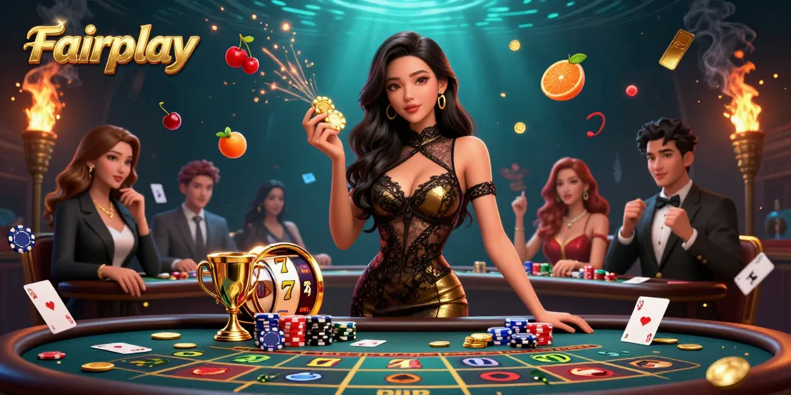 Engage in Fairplay casino excitement with a glamorous woman at a VIP baccarat table surrounded by vibrant slot elements.