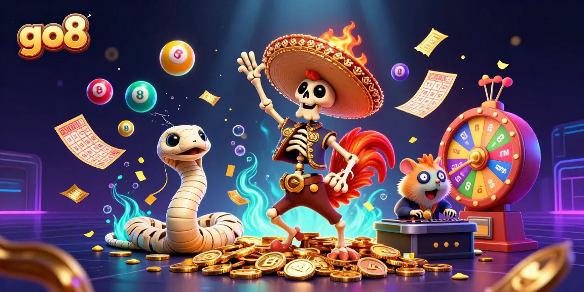 Win big at go8 with exciting cartoon characters celebrating on a pile of gold coins.