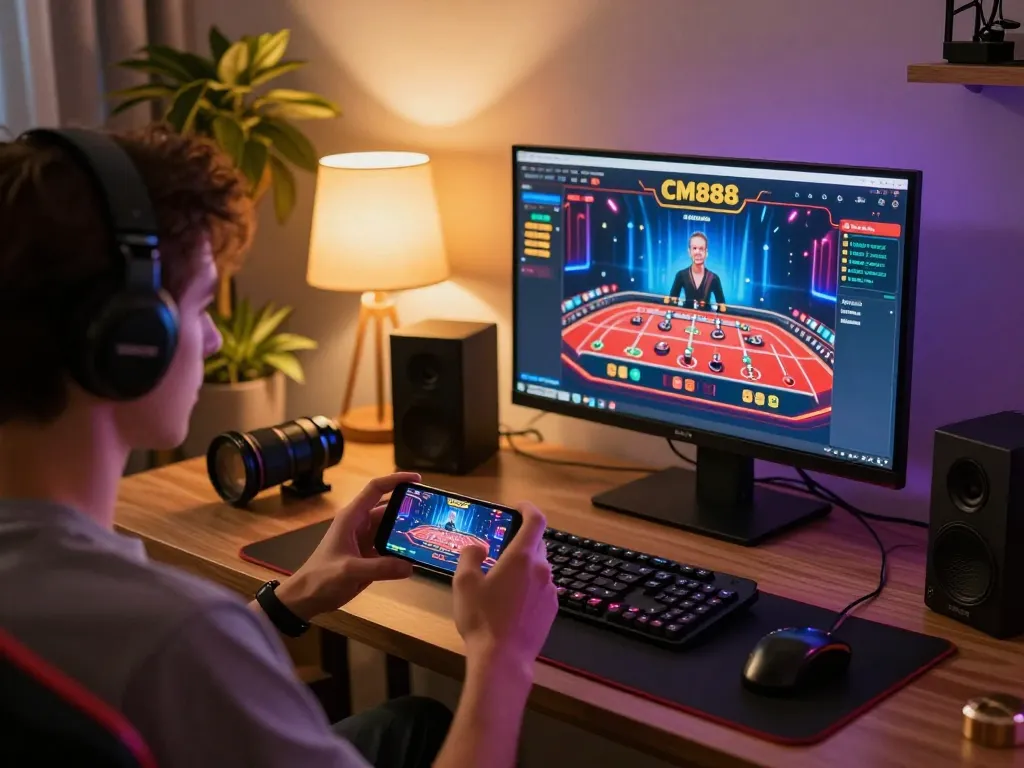 Engaged player utilizing CM888 online casino app on mobile device in cozy home setting, emphasizing responsible gaming.