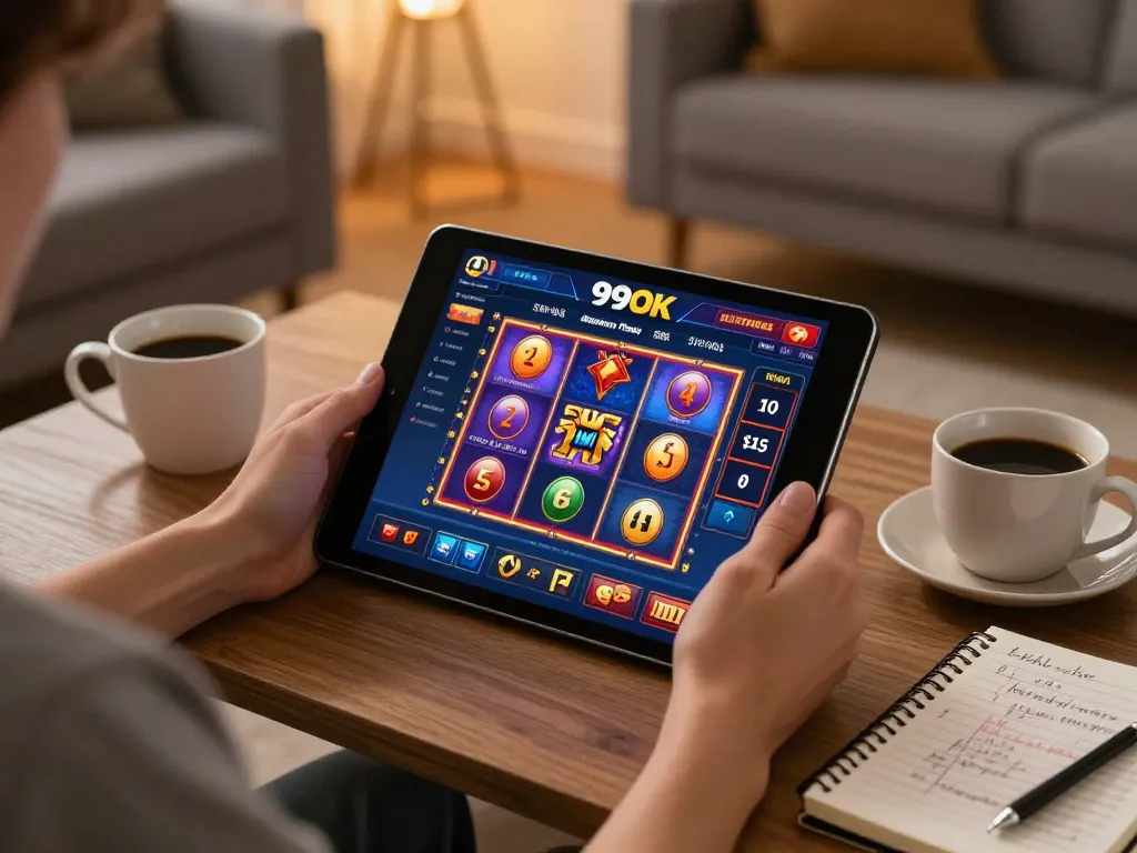Engaging with 99OK online casino on a tablet, showcasing colorful game interface.