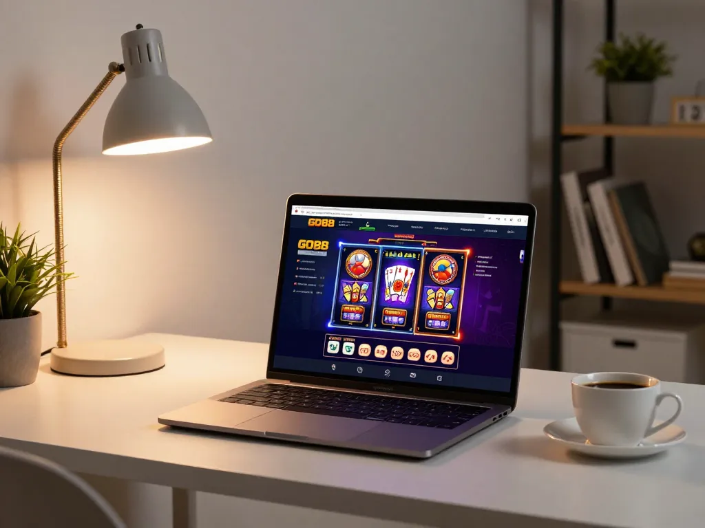 Player engaging with GO88 casino games on a stylish laptop in a cozy home office environment.