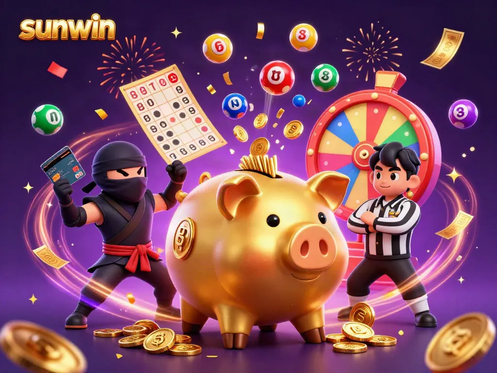 Experience excitement with sunwin as the golden piggy bank wrestler shakes loose coins in this dynamic casino scene.