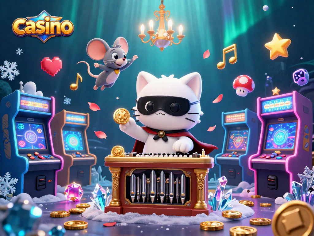 Experience the vibrant casino scene with a cartoon cat at the organ and glowing game elements in 2026.