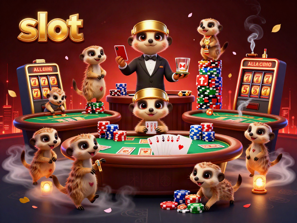 Meerkats operating a vibrant casino with slot elements and colorful poker chips in action.