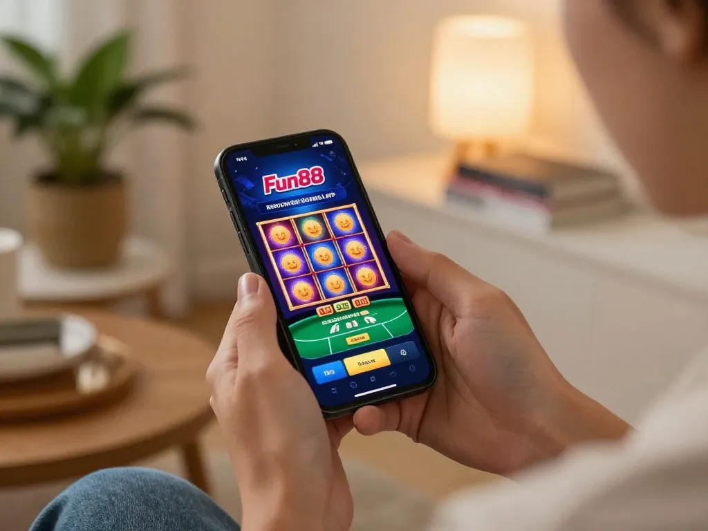 Engaging with the Fun88 mobile app for thrilling online casino gaming, showcasing slot machines and poker.