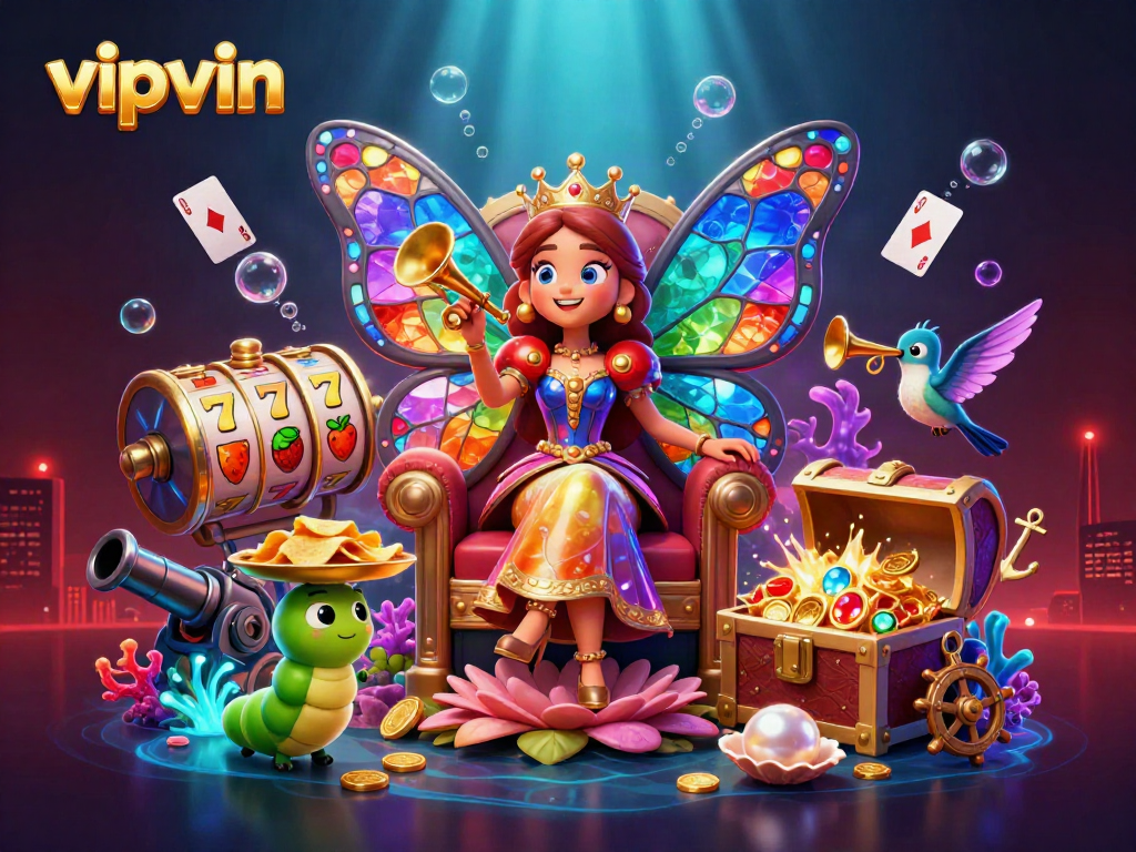 Experience the excitement of vipvin casino with a vibrant 3D scene showcasing colorful slot machines and a butterfly queen.