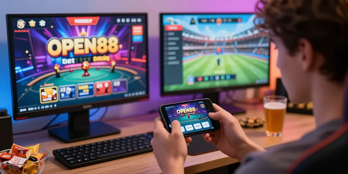 Exciting gaming experience on OPEN88 app with various games in a vibrant home setup.