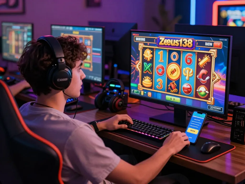 Excited player engaging with the Zeus138 online slot game, vibrant lighting, and immersive atmosphere.
