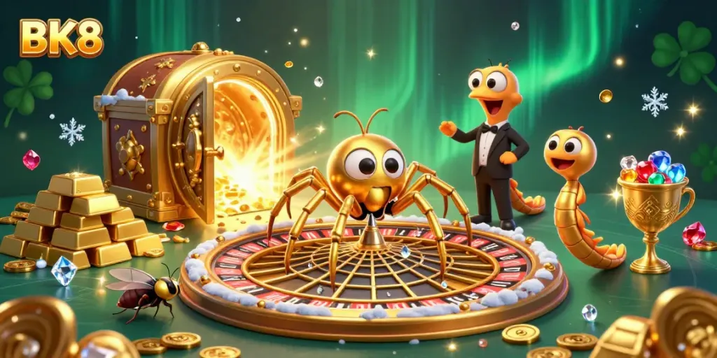 A thrilling BK8 gaming scene with a golden spider roulette, croupier centipede, and treasure vault bursting open.